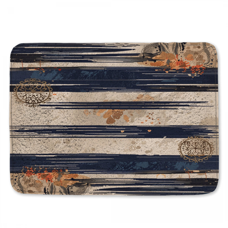 Tapis de bain à rayures bleu marine et beige, L 34 po x L 21 po