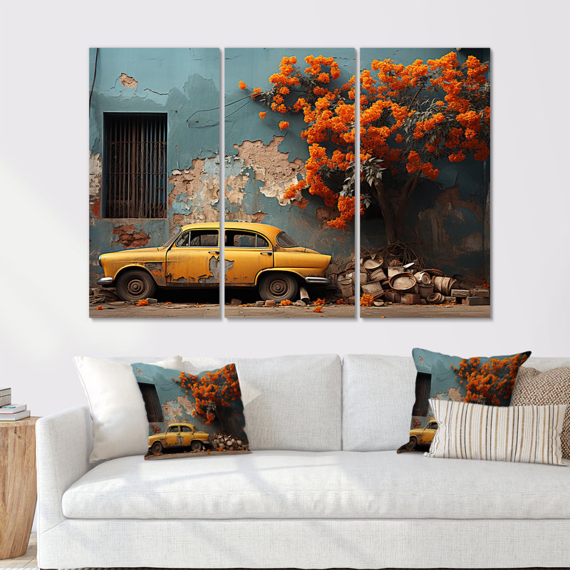 Ensemble de salon art mural jaune, voiture classique de Cuba I, H 28 po x l 36 po x P 1 po