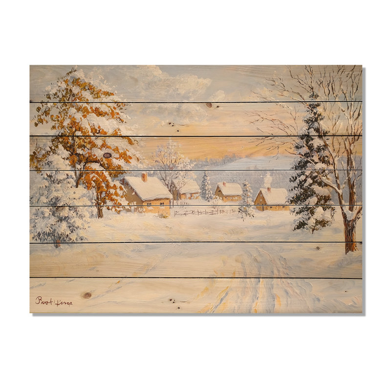 «Snowy Winter Village In Canada V», impression de paysage blanc traditionnel sur bois de pin naturel, H 30 po x l 40 po