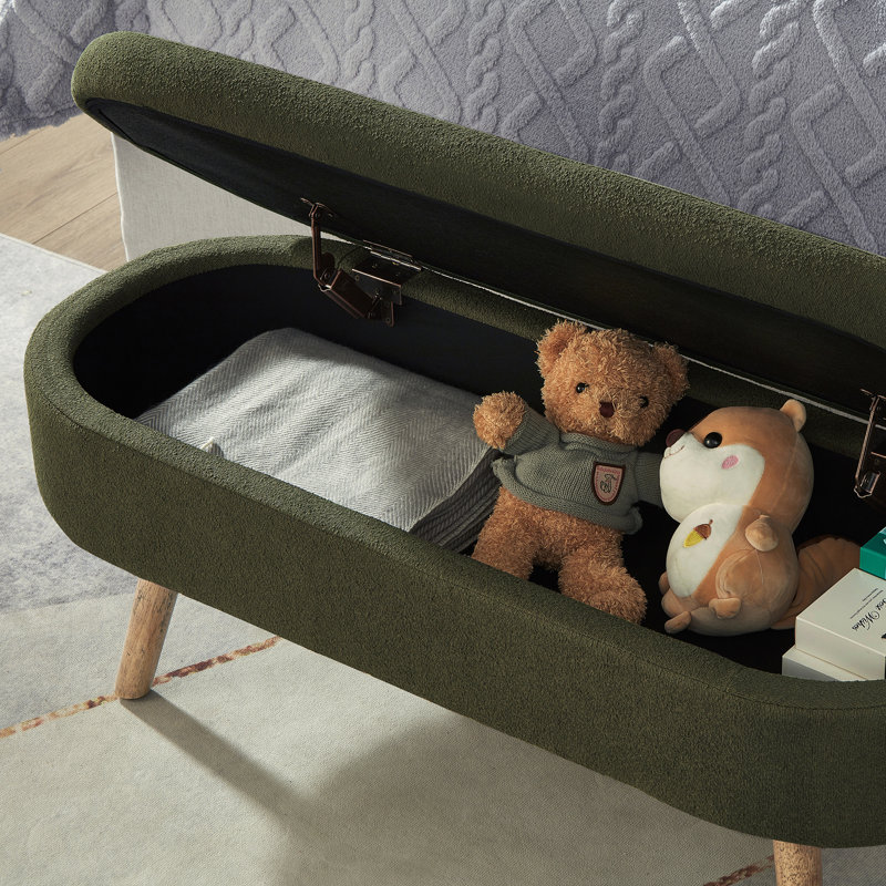 Oval Boucle Storage Ottoman Bench, Dark Green