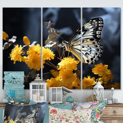 " Yellow Grey Butterfly Haven I " 3 - Pieces