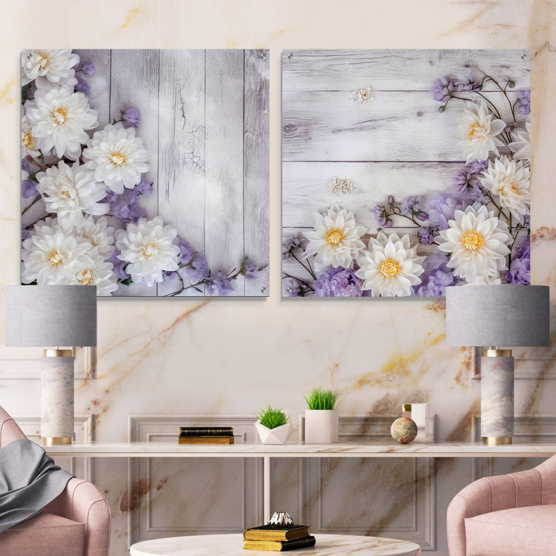 Ensemble de 2 impressions murales en acrylique blanc et mauve I - Magnolias, H 16 po x l 33 po