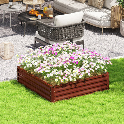 Lit de jardin surélevé galvanisé, boîte à fleurs en métal 4 pi x 4 pi x 1 pi, pour cultiver des légumes, des fleurs, des herbes, des plantes grasses, du bois naturel
