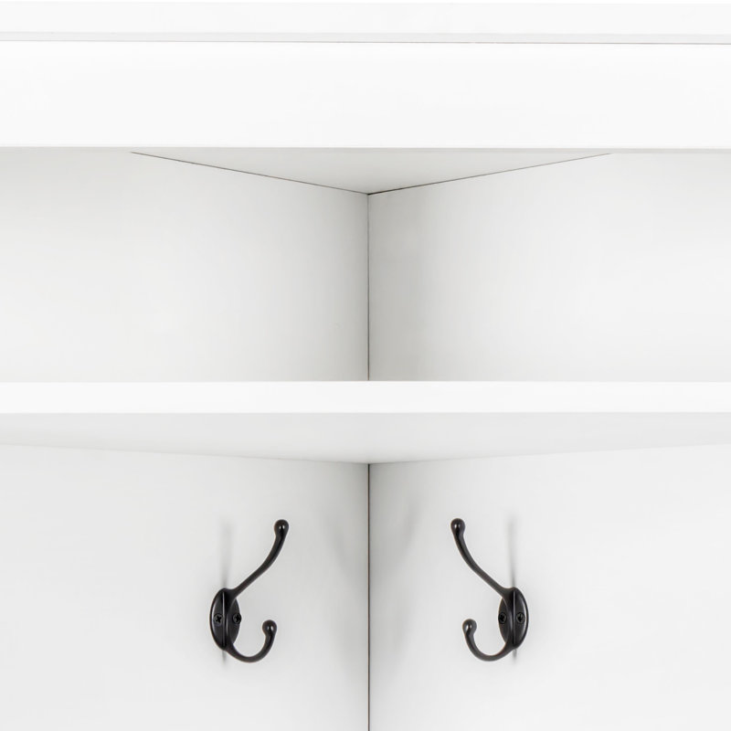 Minimalist Corner Hall Tree With Shoe Bench, Versatile Entryway Coat Rack With 4 Hooks, Corner Cabinet With Adjustable Shelf For Hallway, Living Room, White, 29.5''W*71.6''H (OLD SKU: N721P189665K)