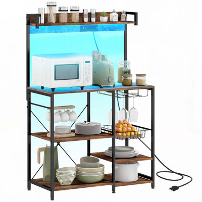 HOMCOM Baker's Rack with Power Outlet and LED Lights, Bakers Racks for Kitchens with Storage, Industrial Microwave Stand with Glass Holders, Metal Basket, Multiple Shelves, Rustic Brown