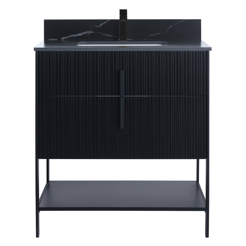 Meuble-lavabo moderne avec plateau en pierre Serenity, Noir mat / noir, 30", Pierre d'ingénierie noire