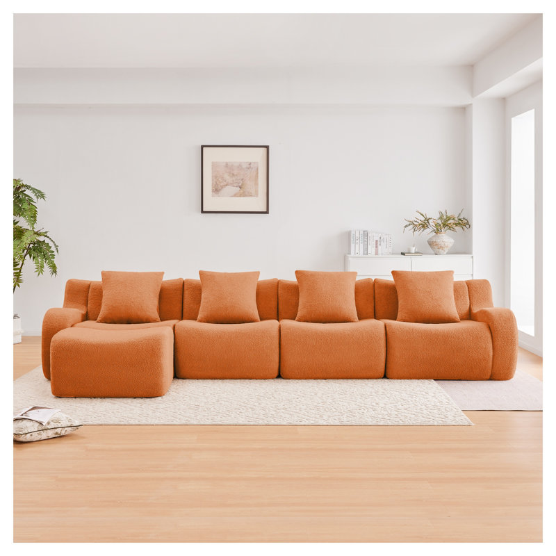 Canapé modulaire en tissu avec repose-pieds Teddy, Orange moelleux