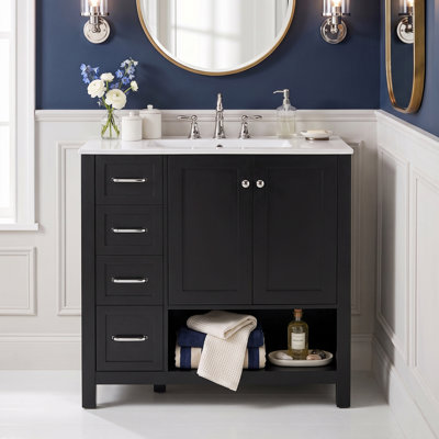 Meuble-lavabo autoportant en bois massif de 30 po + panneau de fibres à densité moyenne avec lavabo intégré en céramique, armoire de bain en noir avec 2 portes et tiroirs à fermeture en douceur, poignées et tablette ouverte
