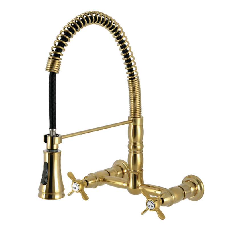 Kingston Brass Essex Double-Handle 2-Hole Wall-Mount Pre-Rinse Bridge Kitchen Faucet, Brushed Brass