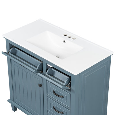 Meuble-lavabo de 36 pouces avec comptoir en céramique, structure en bois massif, armoire en bois aggloméré et peuplier, tiroirs rabattables, tablette réglable et poignées en alliage de zinc, armoire de rangement autoportante (robinet non inclus)