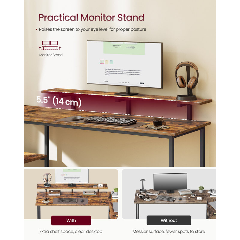 Corner Computer Desk With Drawers, Adjustable Storage Shelf, L-Shaped Gaming Desk For Home Office, Brown