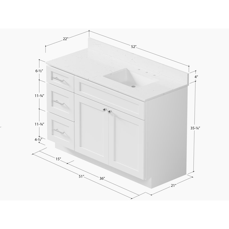 Disar 52'' Single Bathroom Vanity with Quartz Top, White, Right