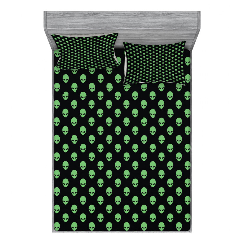 Alien Print Black and Green Microfiber Queen Sheet Set