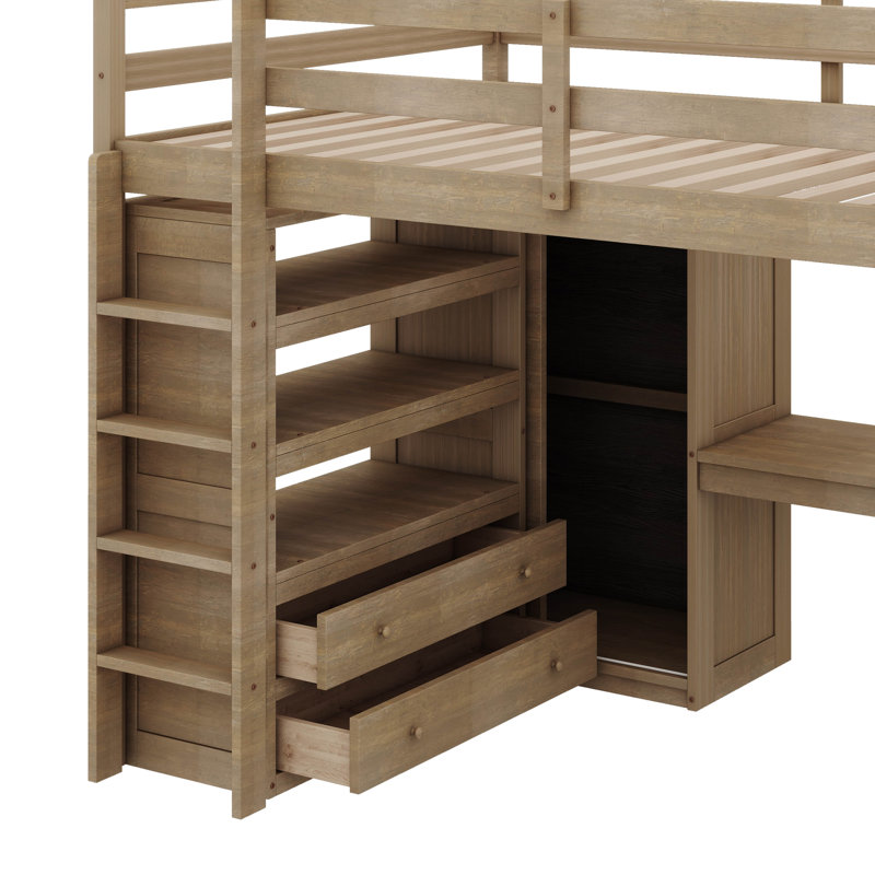 Lit mezzanine double de taille double avec étagère de garde-robe intégrée et système de rangement à tiroirs, Noyer
