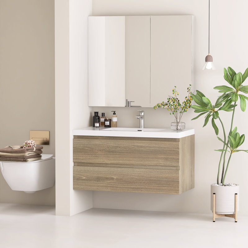Meuble-lavabo mural 42 po avec lavabo en résine intégré et 2 tiroirs, Gris cendre