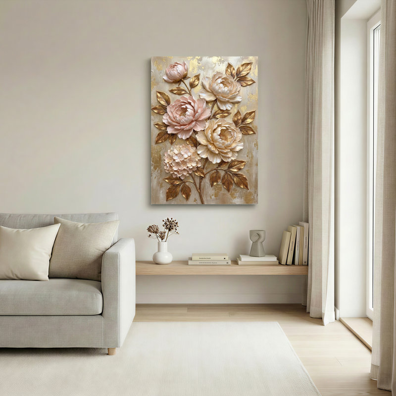 Ensemble de 1 tableau mural floral doré sur toile, 18"H x 12"W, Wrapped Canvas