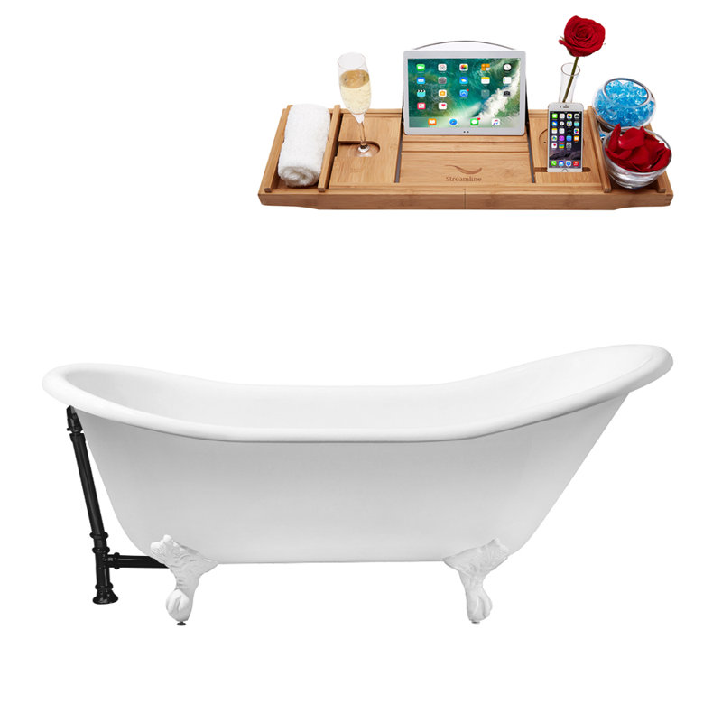 Baignoire de trempage sur pattes 67 "avec drain, pattes et plateau en bambou 67" Streamline, Blanc lustré, Noir mat