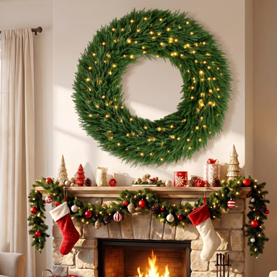 Couronne de Noël artificielle en pin 36/48 po pré-éclairée, décoration de Noël avec lumières DEL 100/150, pointes de branches 560/770, feuilles en PE pour porte, intérieur extérieur couvert, vert