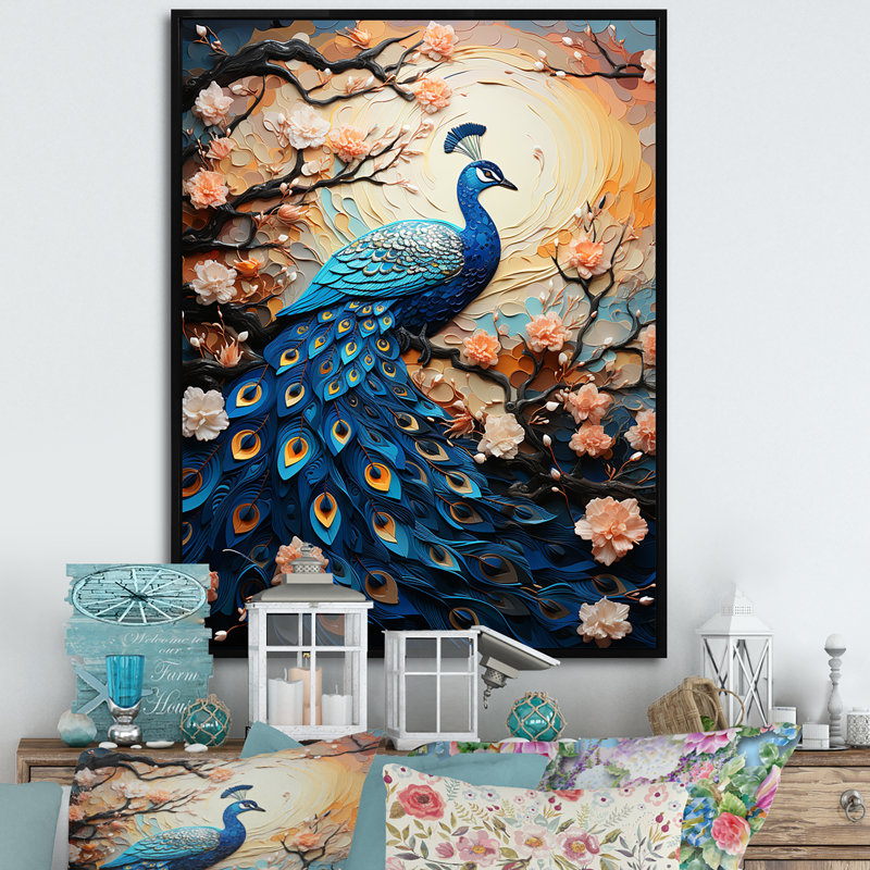 «Fantasy Peacock In Enchanted Blooms IV», reproduction sur toile, Cadre flottant noir, H 32 po x l 16 po x P 1 po