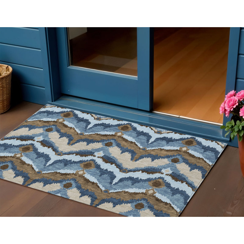 Tapis intérieur / extérieur lavable en ikat bleu et bleu ciel 3 pi x 5 pi