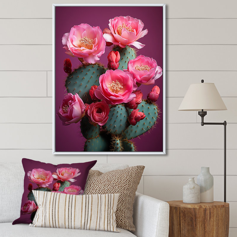 Traciann rose vert cactus du désert épineux I, H 44 po x l 34 po x P 1,5 po, Cadre flottant blanc