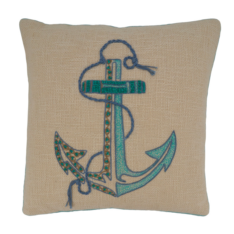 Aqua Embroidered Anchor Square Cotton Pillow