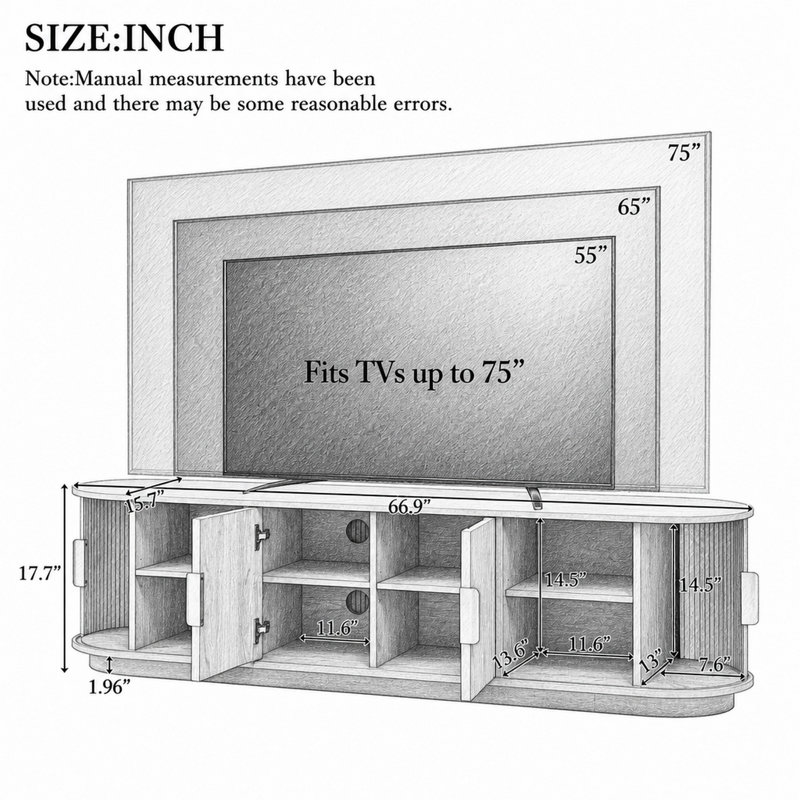 Meuble télé de style champêtre en bois cannelé avec porte coulissante à tambour, console multimédia de rangement réglable avec passe-câbles et poignées dorées pour salon