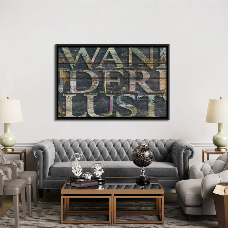« wanderlusted reclaimed », art textuel sur toile, H 40 po x l 60 po x P 1,5 po, Toile avec cadre noir, Pas de tapis