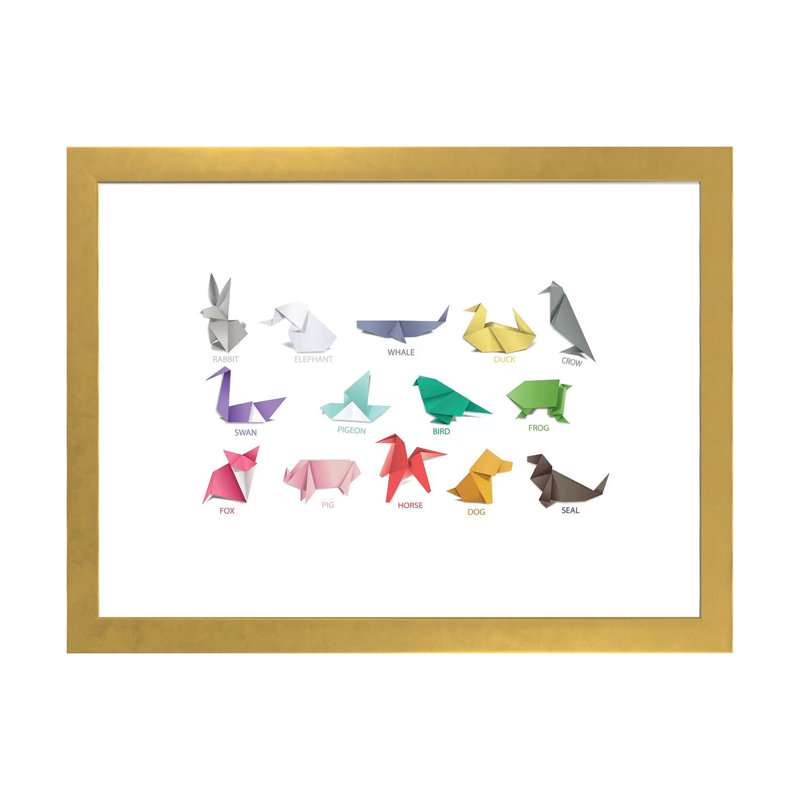 Origami, reproduction d'art graphique, H 16 po x l 24 po x P 1 po, Papier encadré doré, Blanc