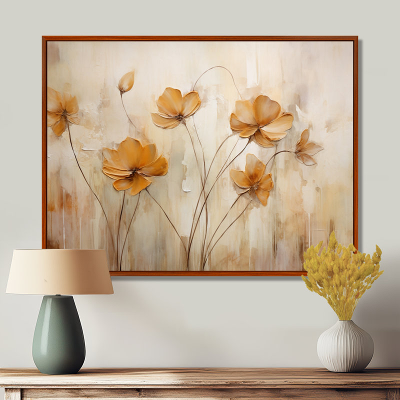 «Beige Botanical Impressions IV», reproduction d'art mural abstrait, H 16 po x l 32 po x P 1 po, Cadre flottant brun