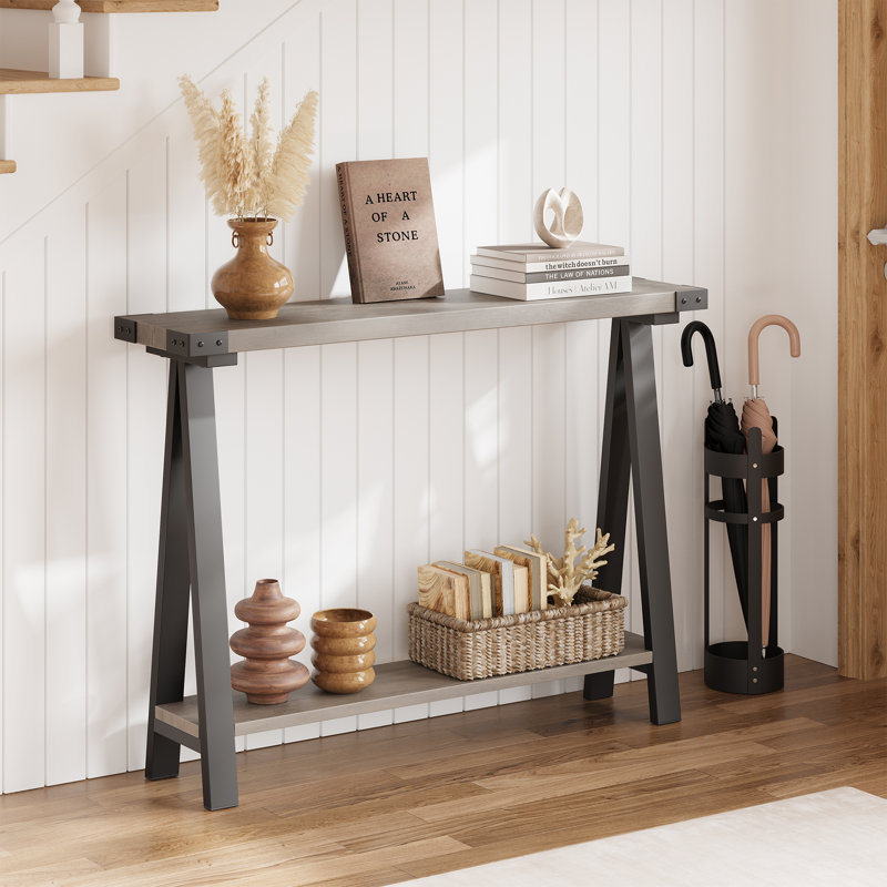 43.3'' Console Table, Narrow Entryway Table With Open Storage Shelf And Metal Frame, Gray