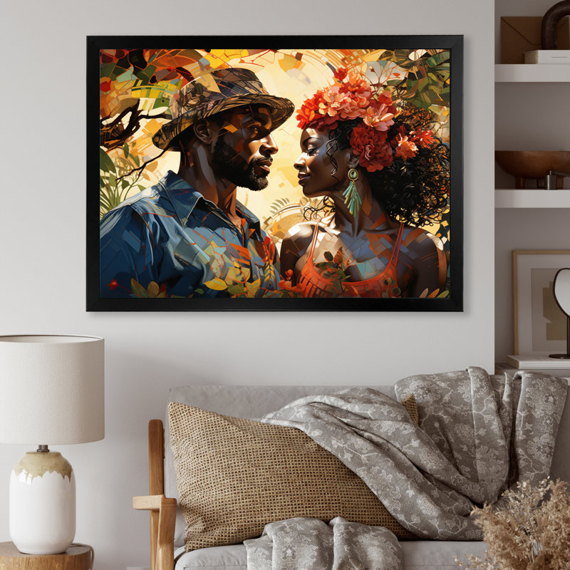 «African Couple Resilient I» - Art mural américain africain, H 16 po x l 32 po x P 1 po, Cadre simple noir