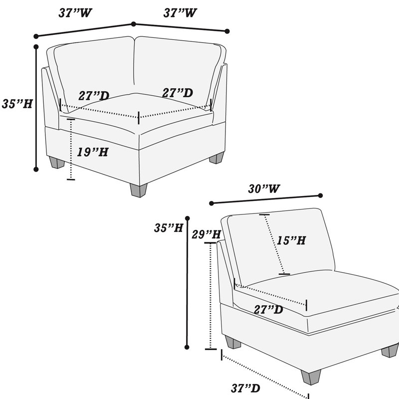 Fauteuil modulaire en tissu chenille 2 pièces gris pour salon, gris