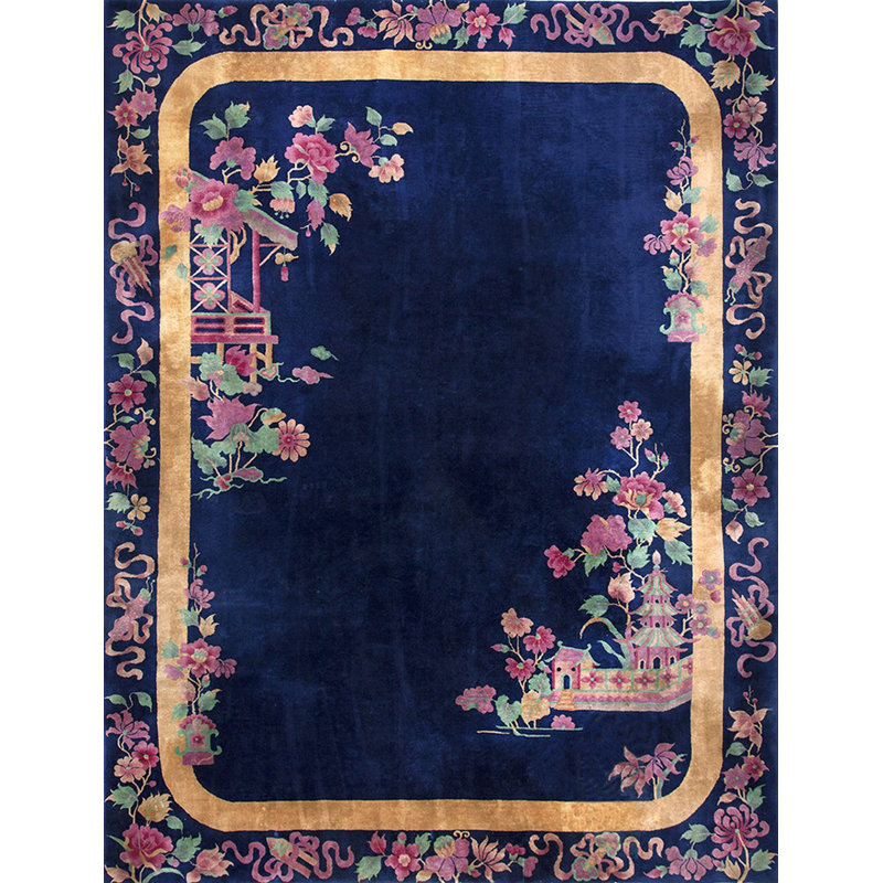 Tapis art déco bleu antique en laine nouée des années 1920
