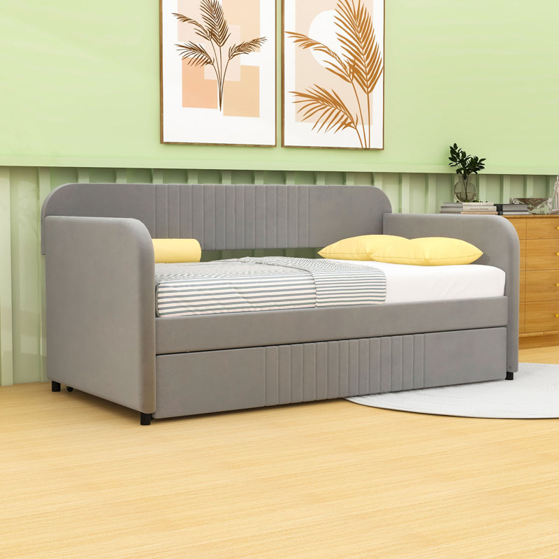 Twin Size Upholstered Daybed With Twin Size Trundle, Gray