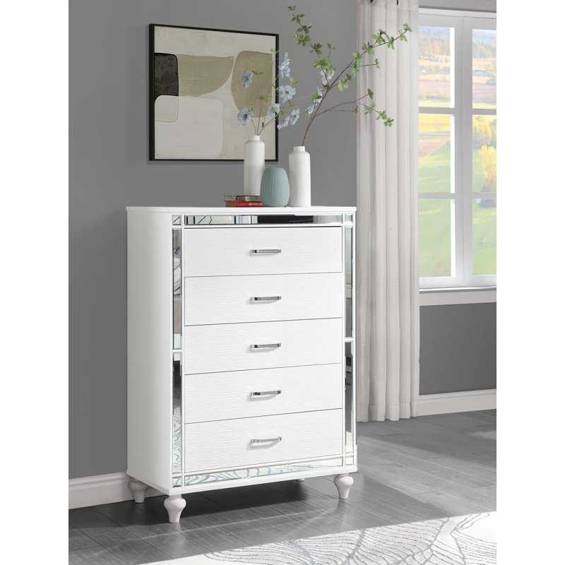 Cadre de grand lit - Commode - Miroir - Commode - Table de chevet, Blanc brillant, Grand lit