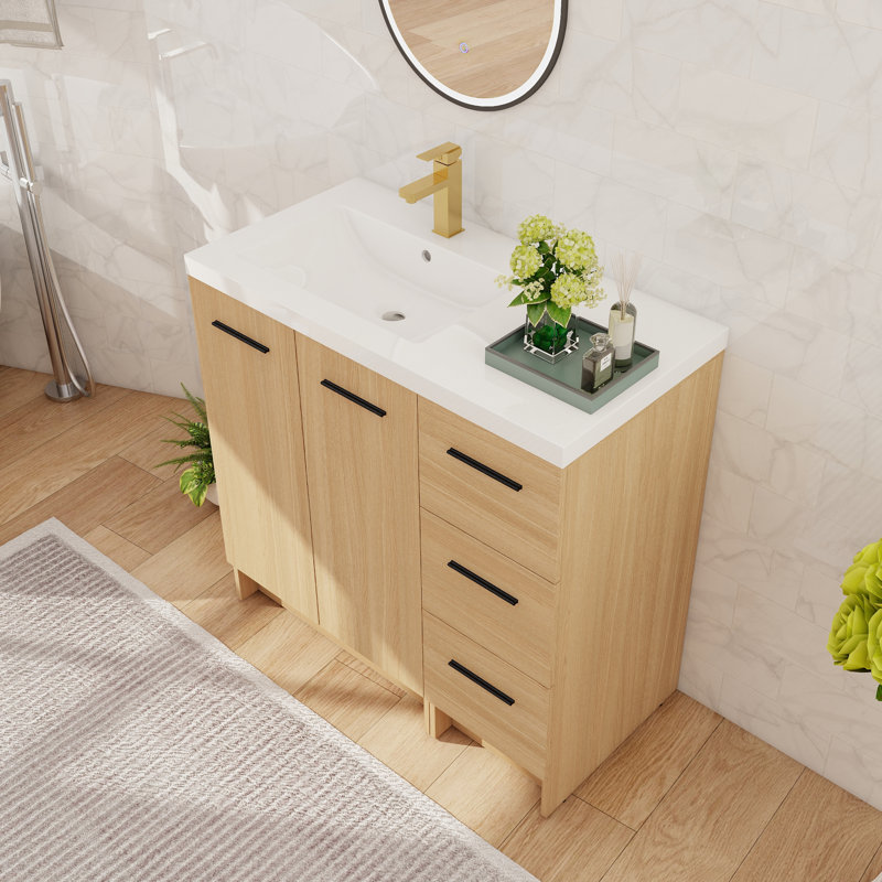 Meuble-lavabo sur pied simple 36 po avec lavabo en résine, meuble-lavabo sur pied avec 2 portes, 3 tiroirs et 1 tablette réglable