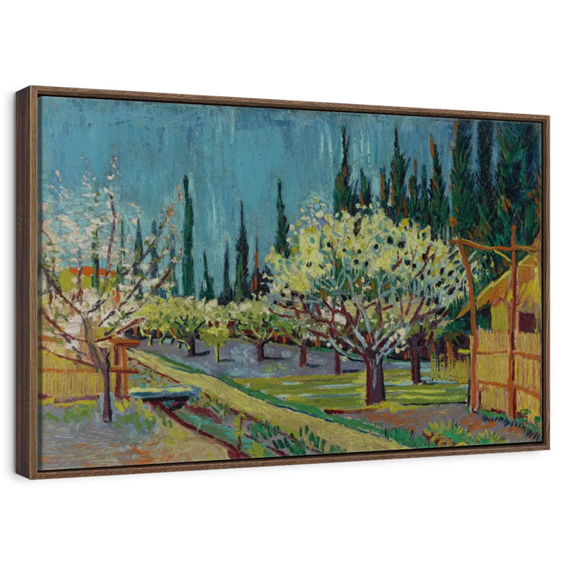 Verger bordé de cyprès, 25 po x 17 po, Cadre flottant noyer
