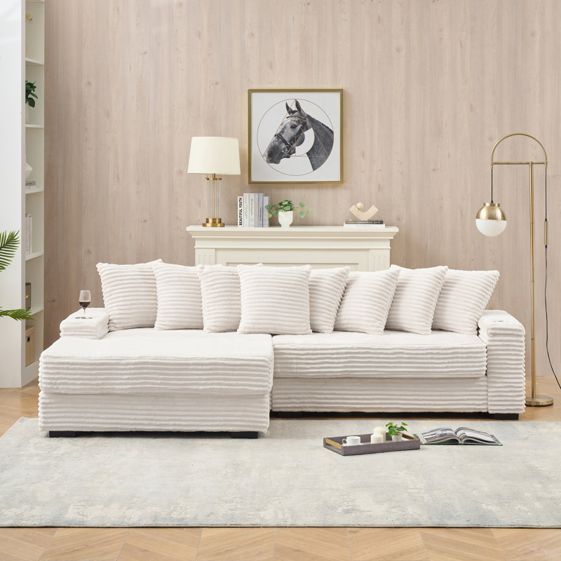 Chaise longue réversible de 111 po avec porte-gobelets, Velours côtelé beige