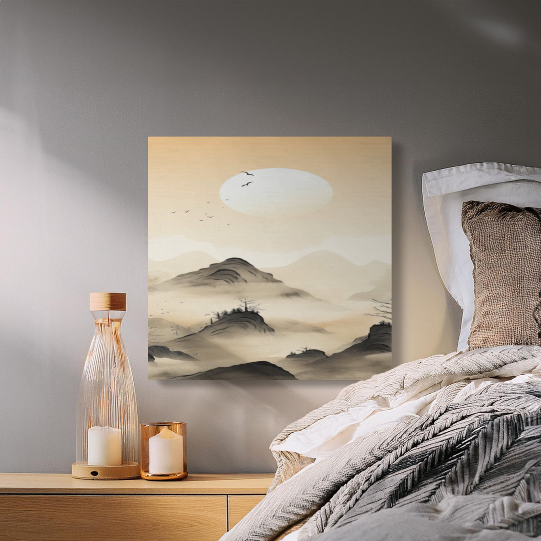 Tranquil Zen Landscape Canvas Print, Misty Asian Mountains Wall Art with Flying Birds & Moon, Peaceful Nature Home Decor Gift