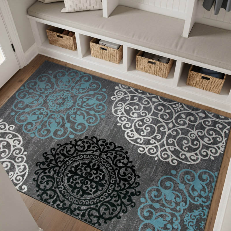 Padowski Floral Gray/Blue/Black Area Rug, Rectangle 3'3" x 5'