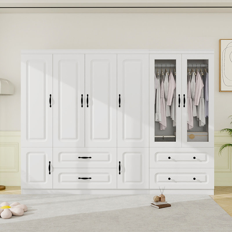 Armoire-penderie autoportante de 70,87 po avec tiges suspendues, armoire à 6 portes avec tiroirs pour la chambre à coucher, garde-robe 2 pièces
