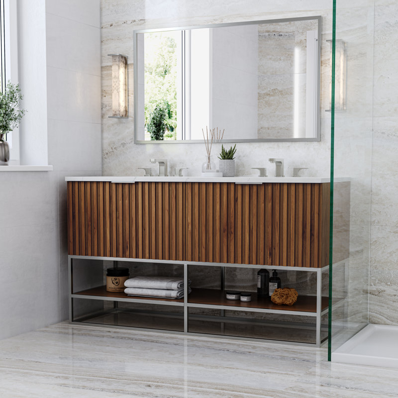 Terra 60'' W Double Vanity, Walnut, Brushed Nickel, Calacatta Quartz/Widespread