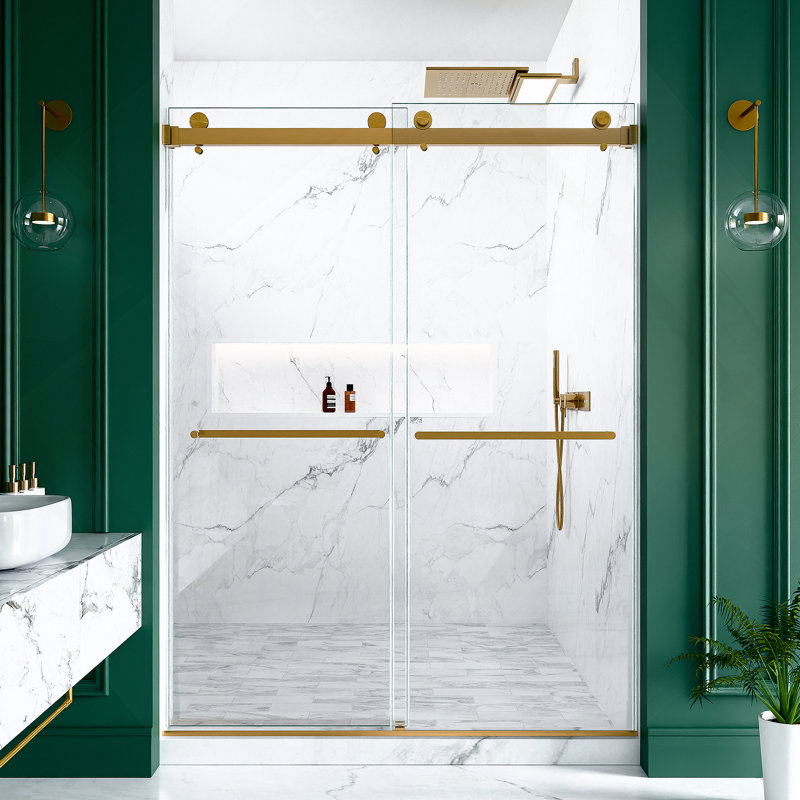 56"-60"W x 80"H Frameless Double Sliding  Shower Door, 3/8 inches (10mm) Thick SGCC Tempered Glass Door, Brushed Gold