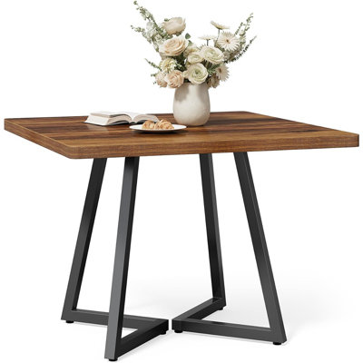 31.5 Inches Small Dining Table For 4, Square Dinner Table For Small Space, Dining Room Tables, Rustic Brown Wooden Kitchen Table With Metal Legs, Mode