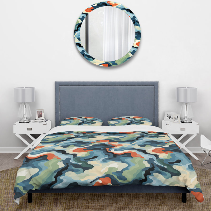 Literie sérénité à encre liquide bleue et verte, Housse de couette pour grand lit et 2 taies décor