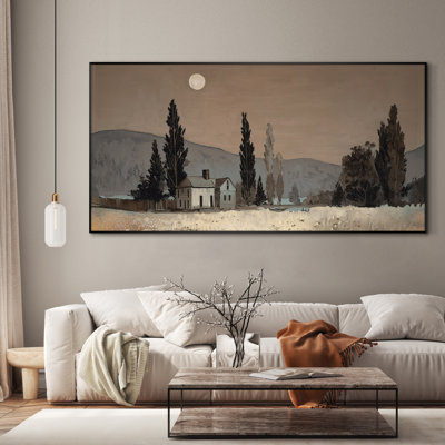 Très grande reproduction d'art sur toile «Cabane de campagne rustique sous un paysage de pleine lune» pour le salon ou la chambre à coucher - «Assemblage requis du cadre (cadre non fini)»