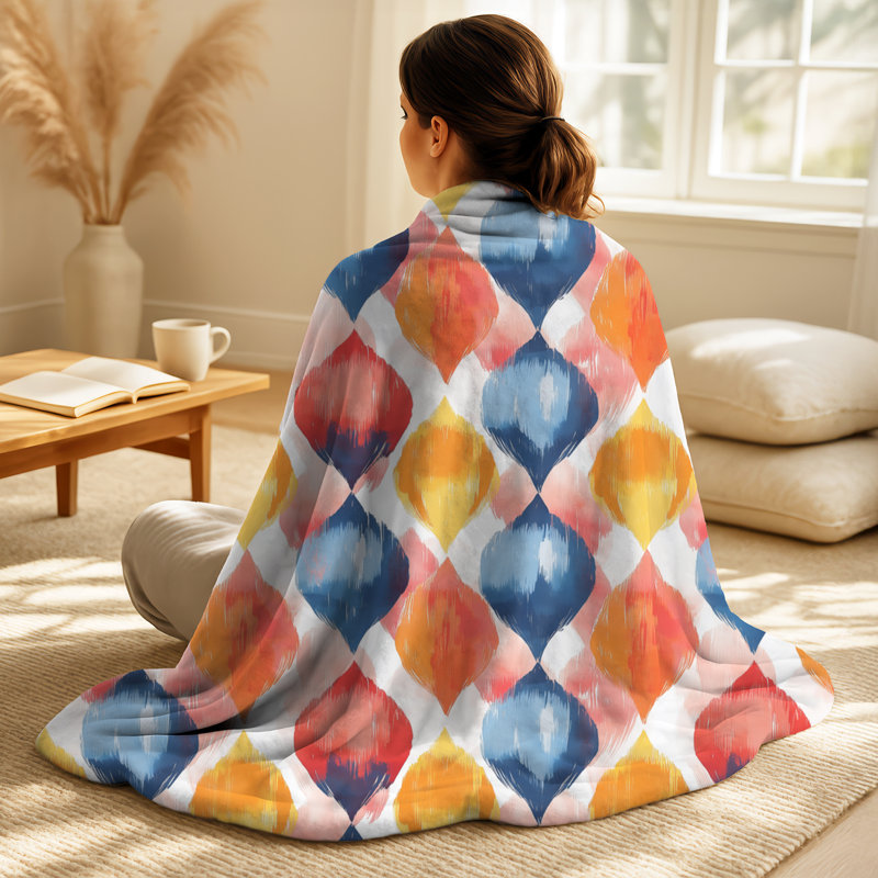 Bleu et orange Geo Ikat I - couverture douce contemporaine, jeté en peluche moderne