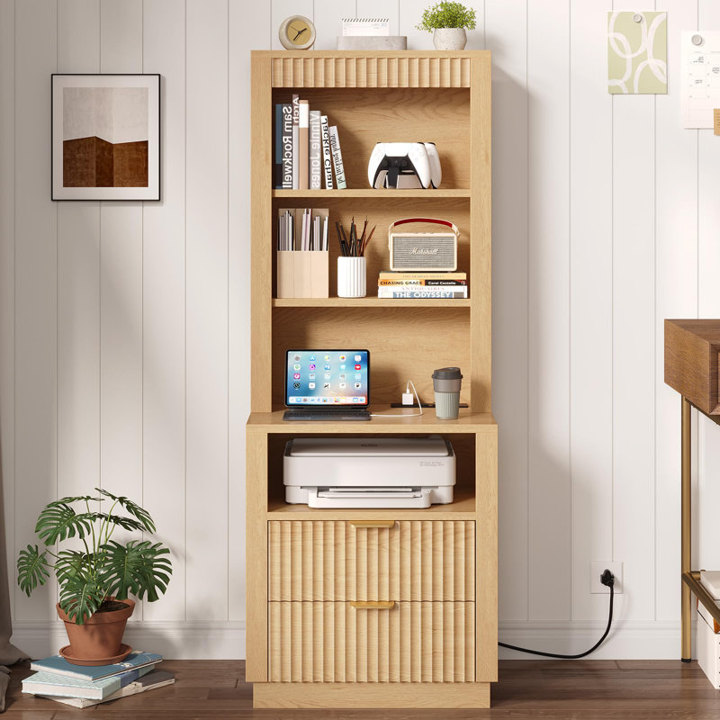Tall Fluted Nightstand, Bedside Table With 2 Drawers And Open Shelf, Brown