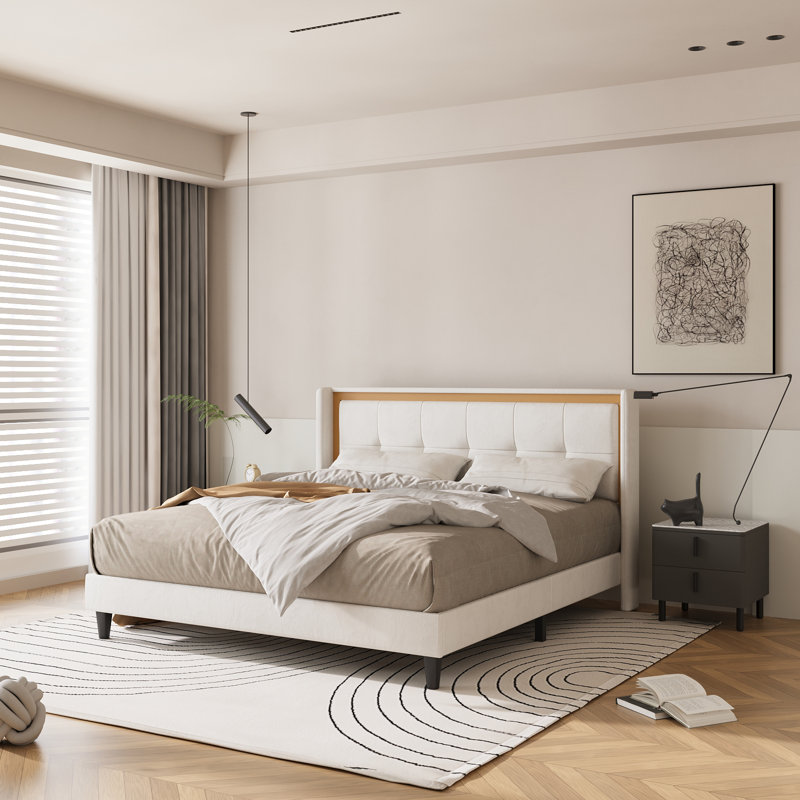 Lit à panneau tapissier Keedra, Beige, Grand